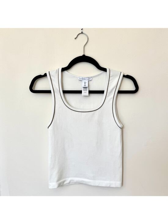 Jules Tops - Sincerely Jules White Stretchy Scoop Neck Crop Tank Top Contrast Trim Size Large